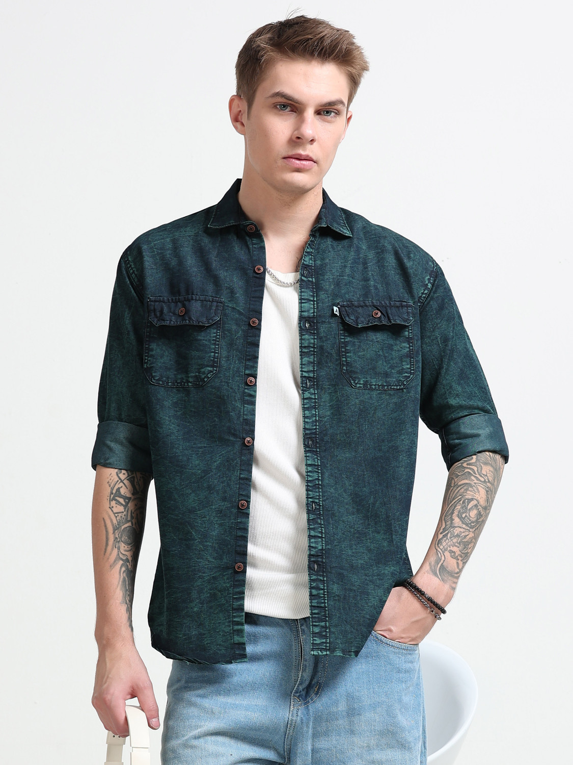 Image of AIDAN PAUL Men Washed Casual Dark Green Shirt