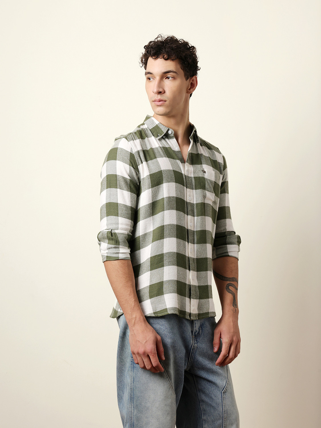 Image of THE BEAR HOUSE Men Checkered Casual Green Shirt