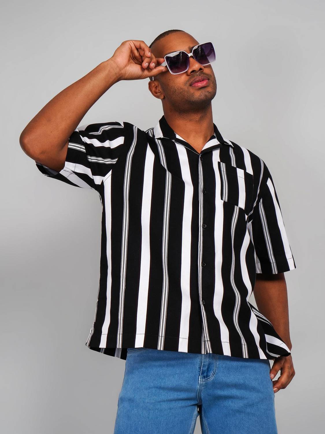 Absolute Defense Men Striped Casual Black, White Shirt