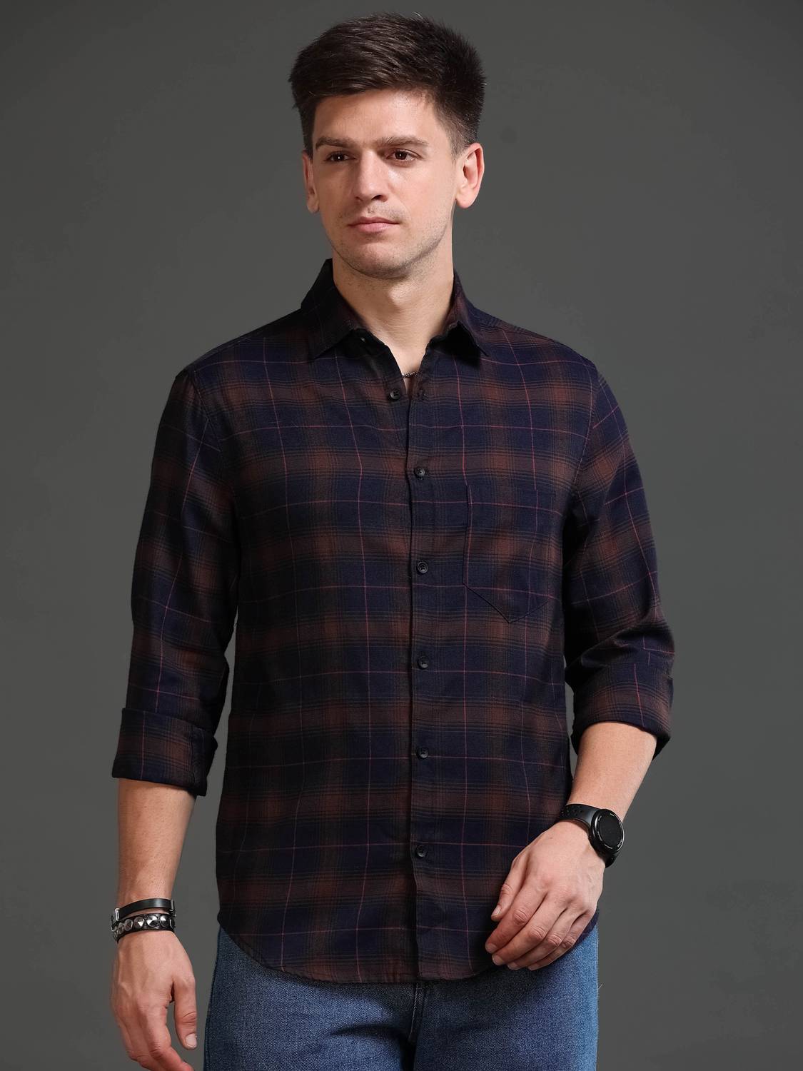 tallwalker Men Checkered Casual Brown, Blue Shirt - Image 5