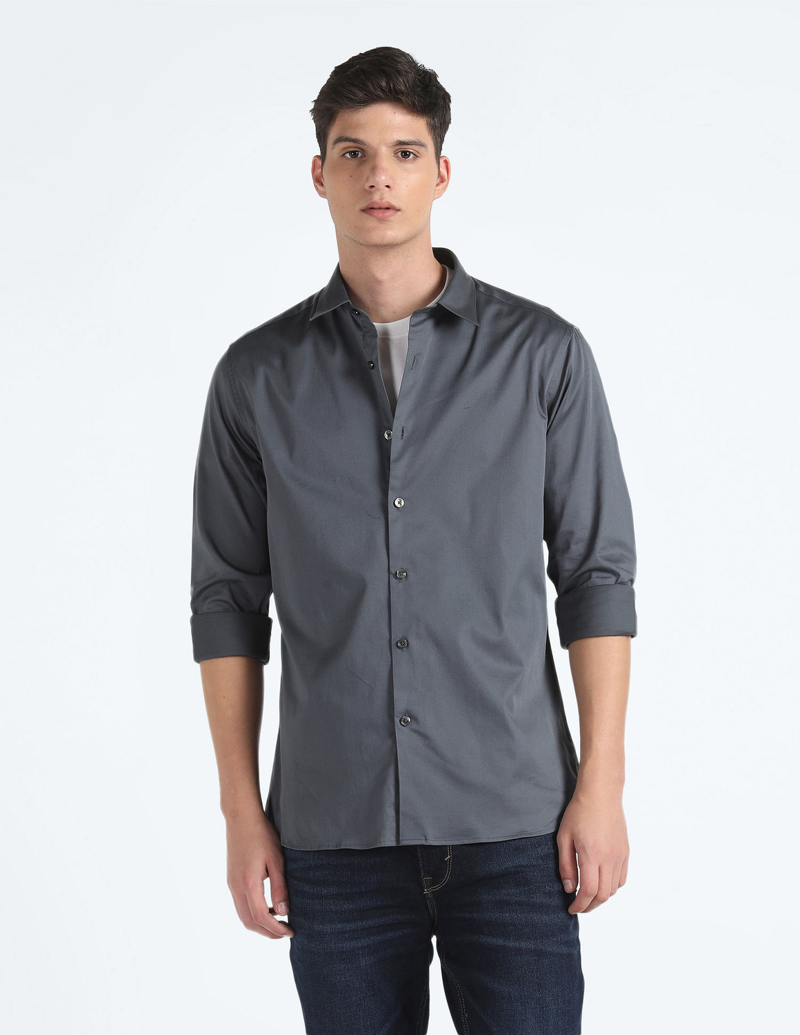 Image of FLYING MACHINE Men Self Design Casual Grey Shirt