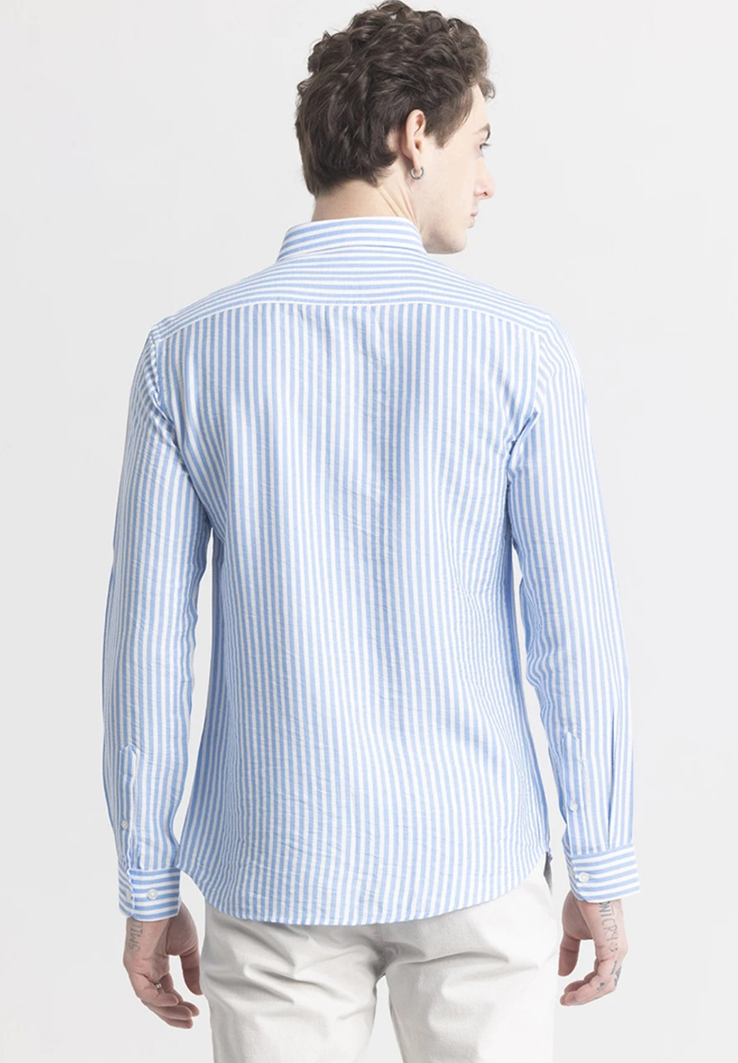 Image of FUBAR Men Striped Casual Light Blue Shirt