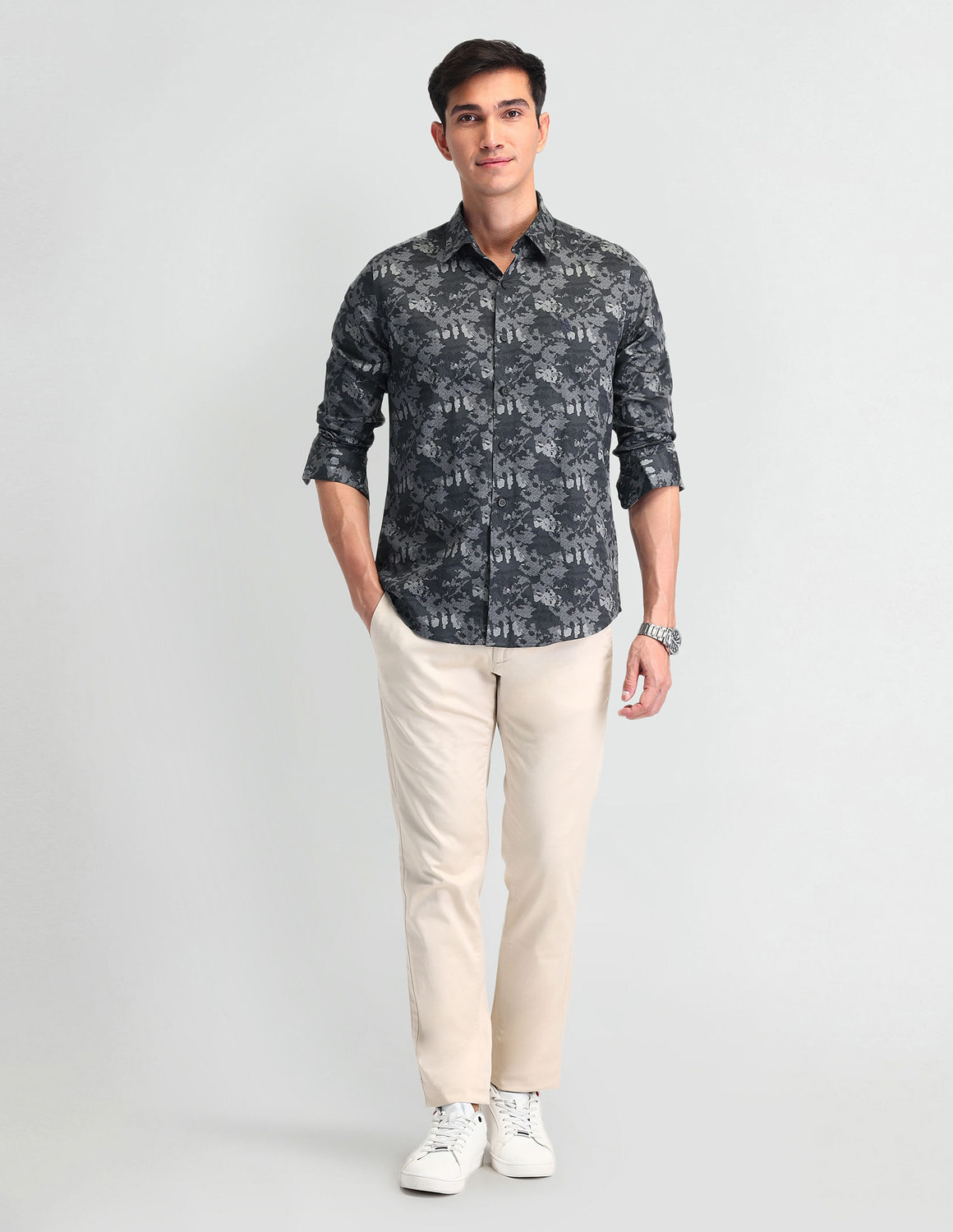 Image of U.S. POLO ASSN. Men Slim Fit Self Design Spread Collar Casual Shirt