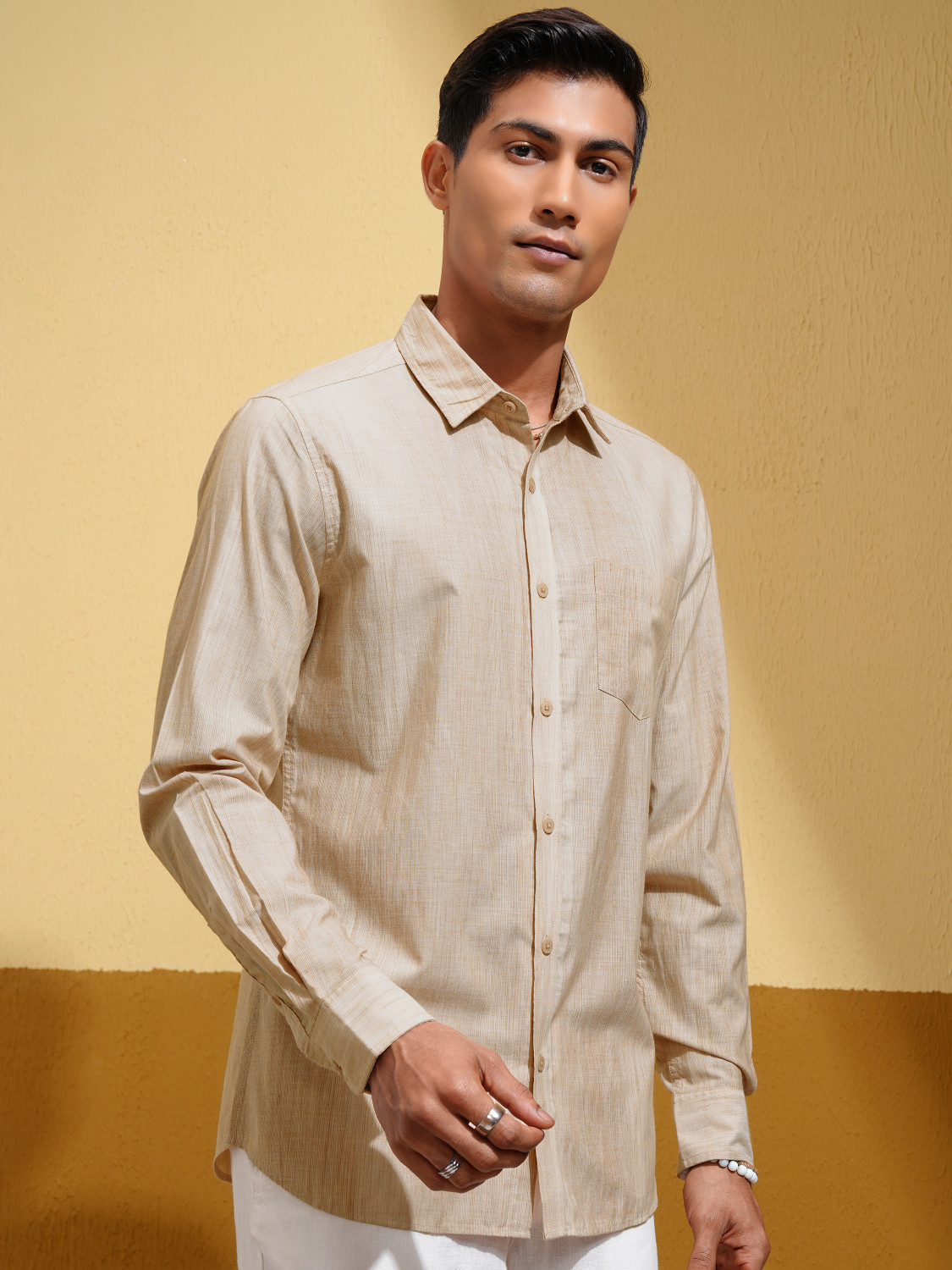 Image of LOCOMOTIVE Men Striped Casual Beige Shirt