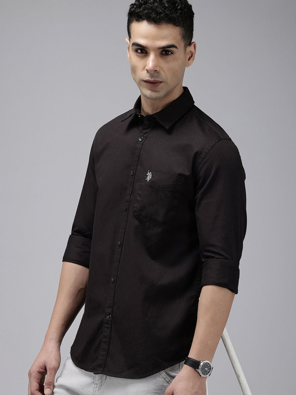 Image of U.S. POLO ASSN. Men Solid Casual Black Shirt