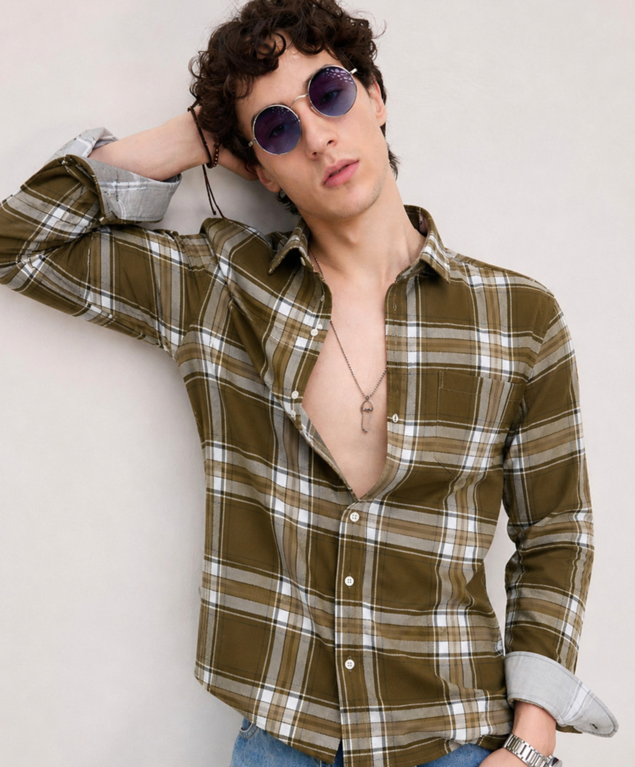 Image of Roadster Men Checkered Casual Green, White, Brown Shirt