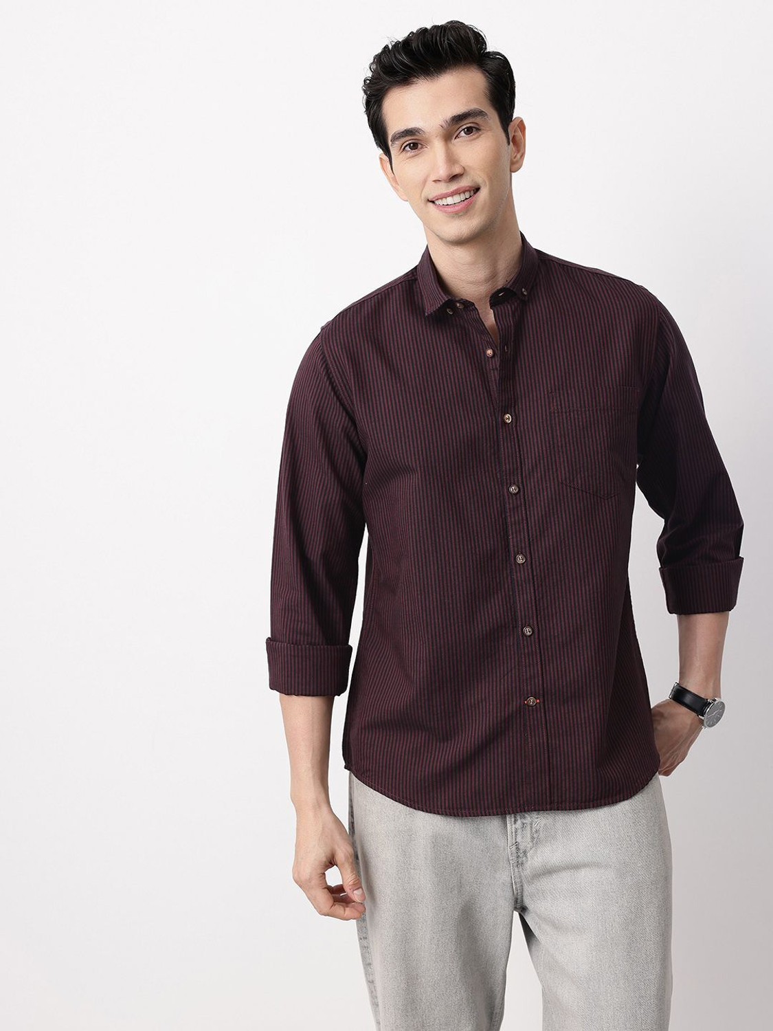 Image of Mast & Harbour Men Striped Casual Maroon Shirt