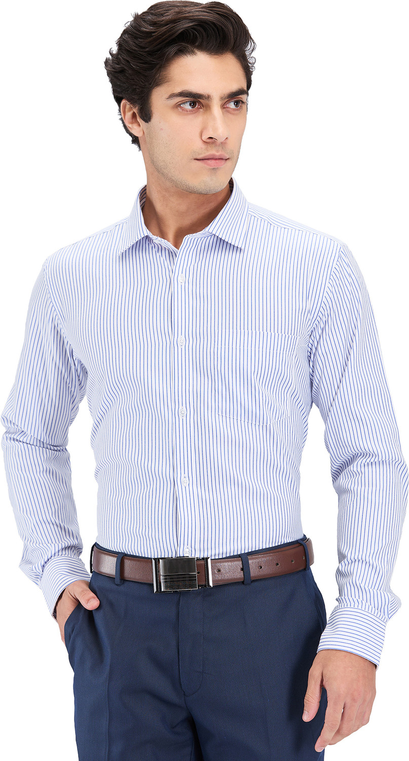 Image of PARK AVENUE Men Striped Formal Blue Shirt