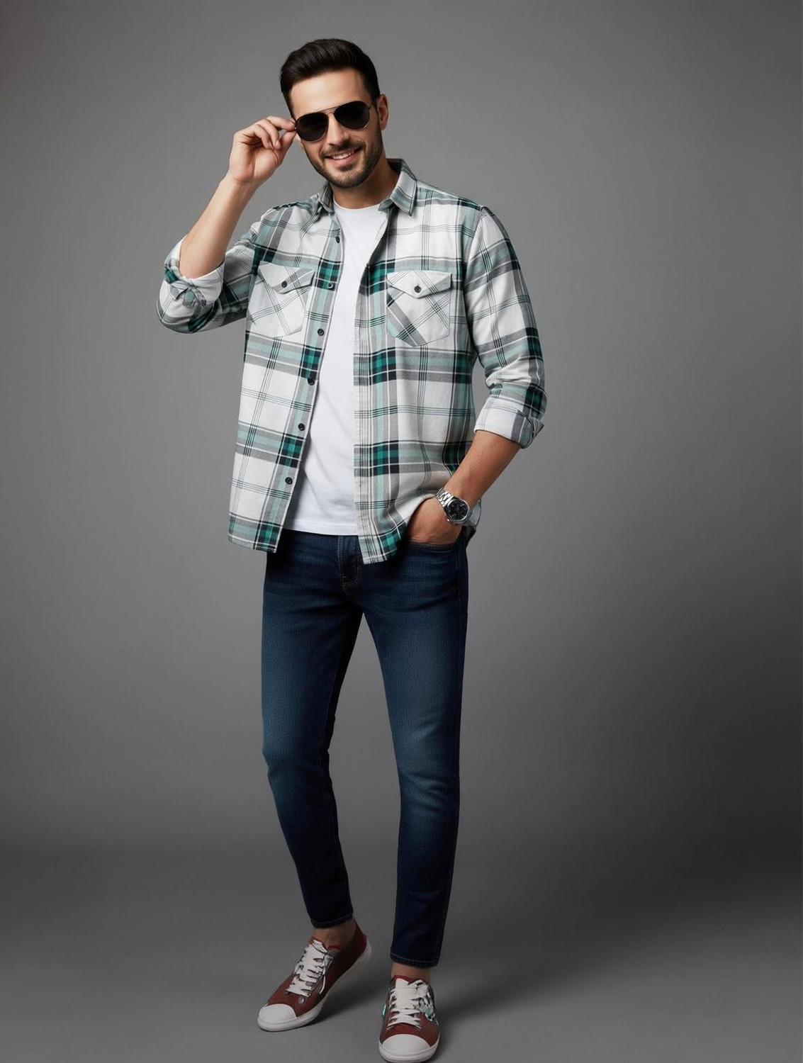 Image of DJFOX Men Checkered Casual Green Shirt