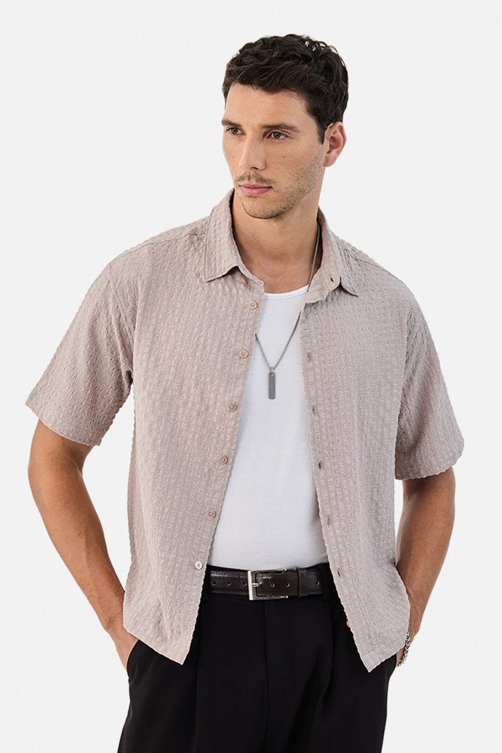 Image of Snitch Men Self Design Casual Beige Shirt