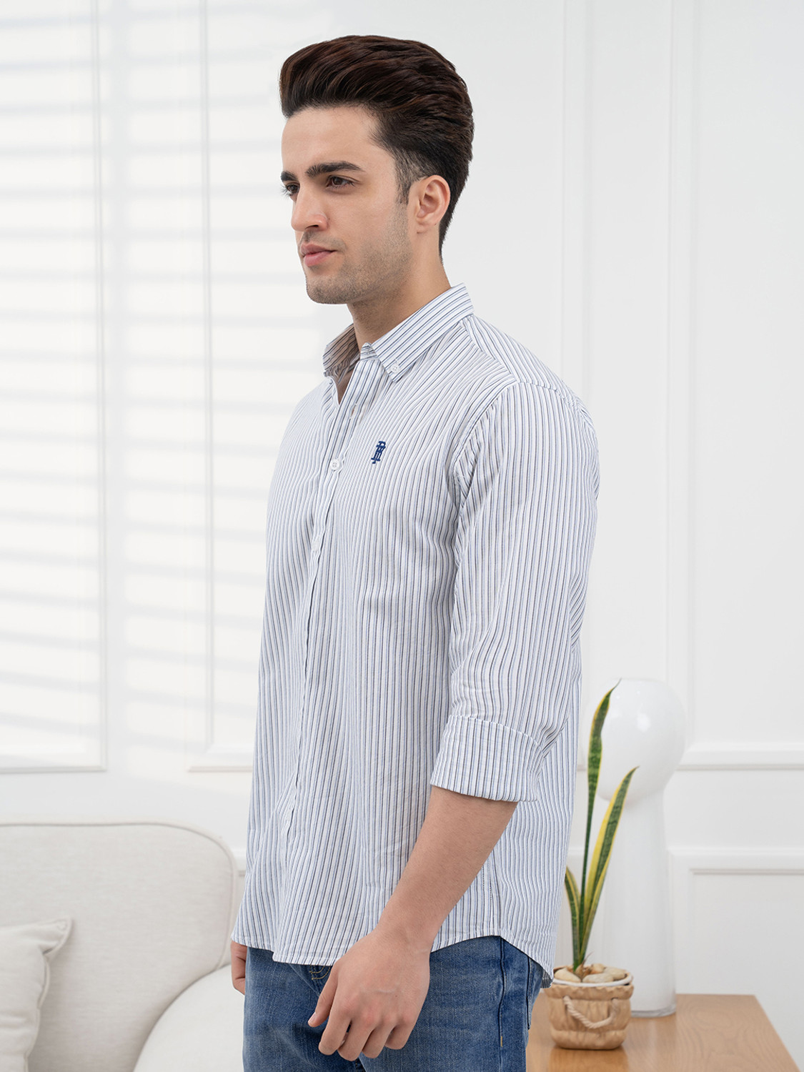 Image of RED TAPE Men Striped Casual Dark Blue Shirt