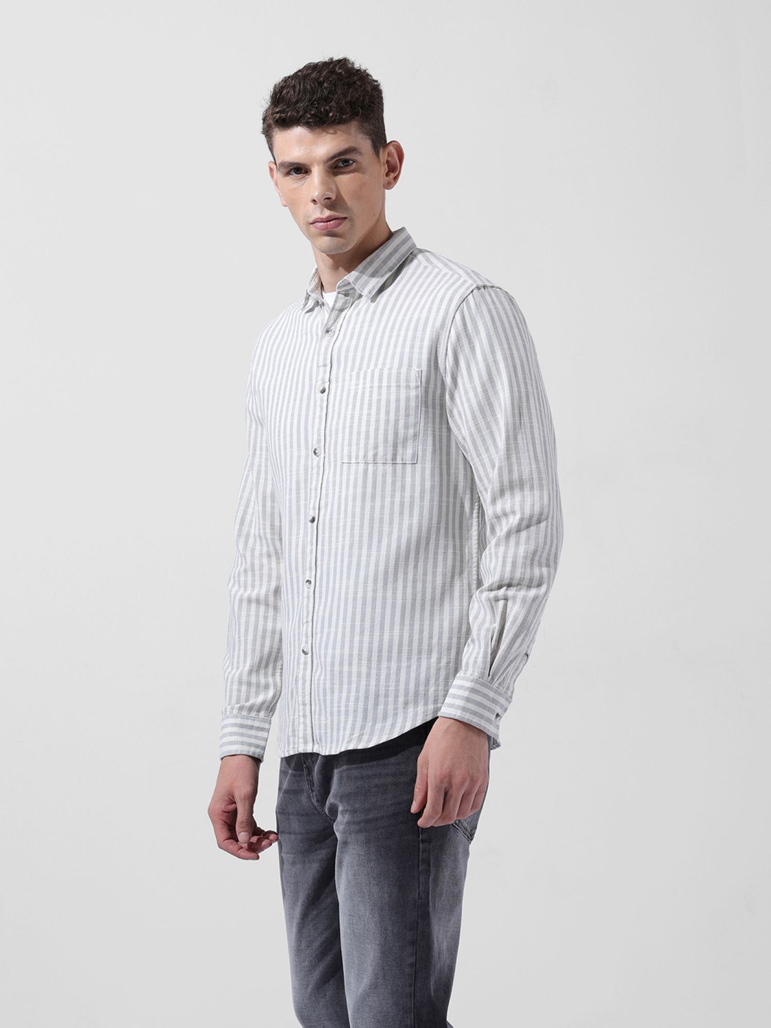 Image of The Indian Garage Co. Men Striped Casual Grey Shirt
