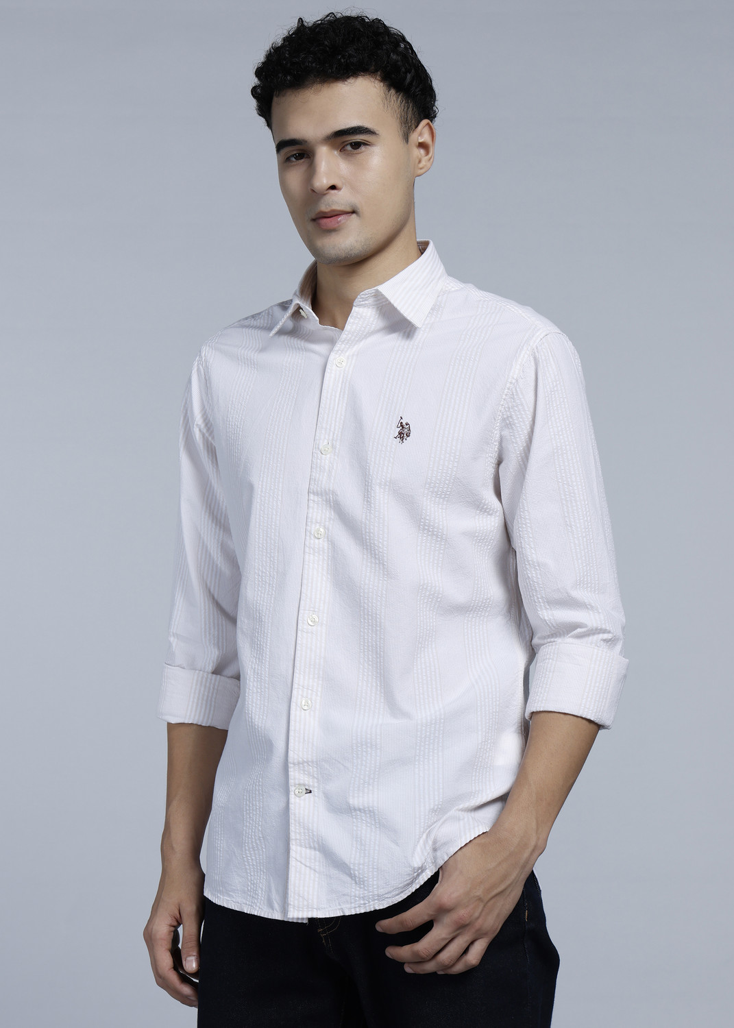 Image of U.S. POLO ASSN. Men Self Design Casual Beige Shirt