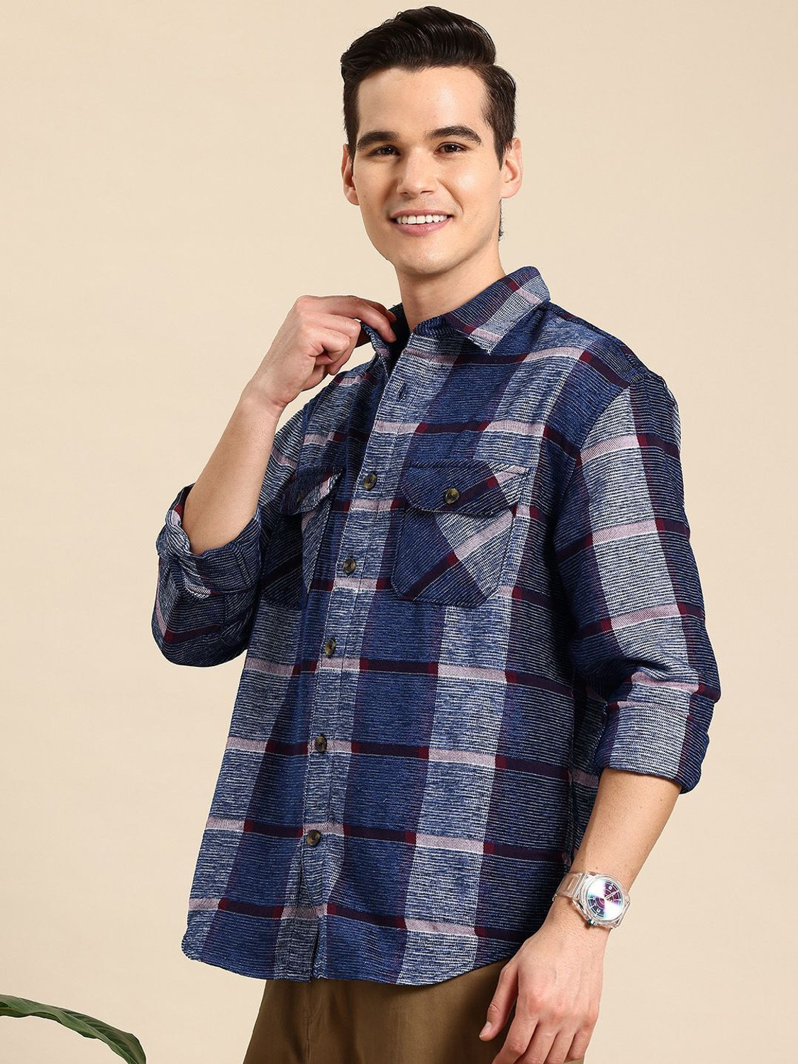Image of Mast & Harbour Men Checkered Casual Blue Shirt