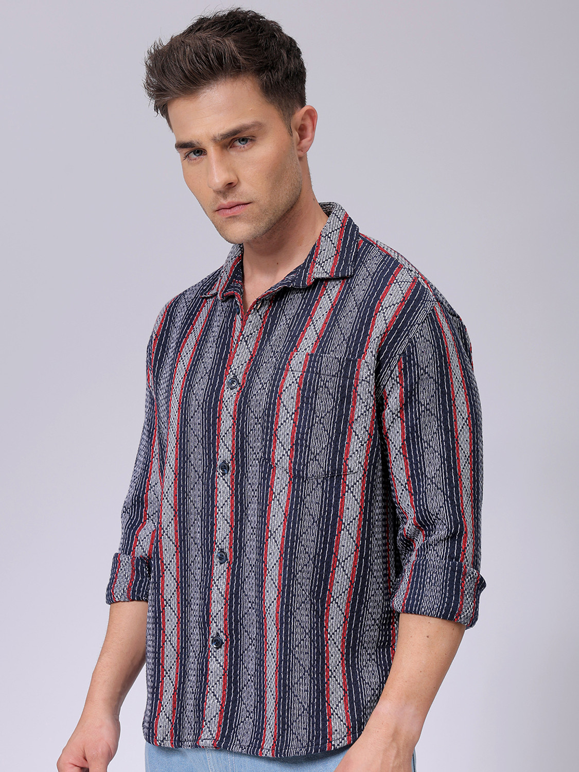Image of The Indian Garage Co. Men Striped Beach Wear Dark Blue Shirt