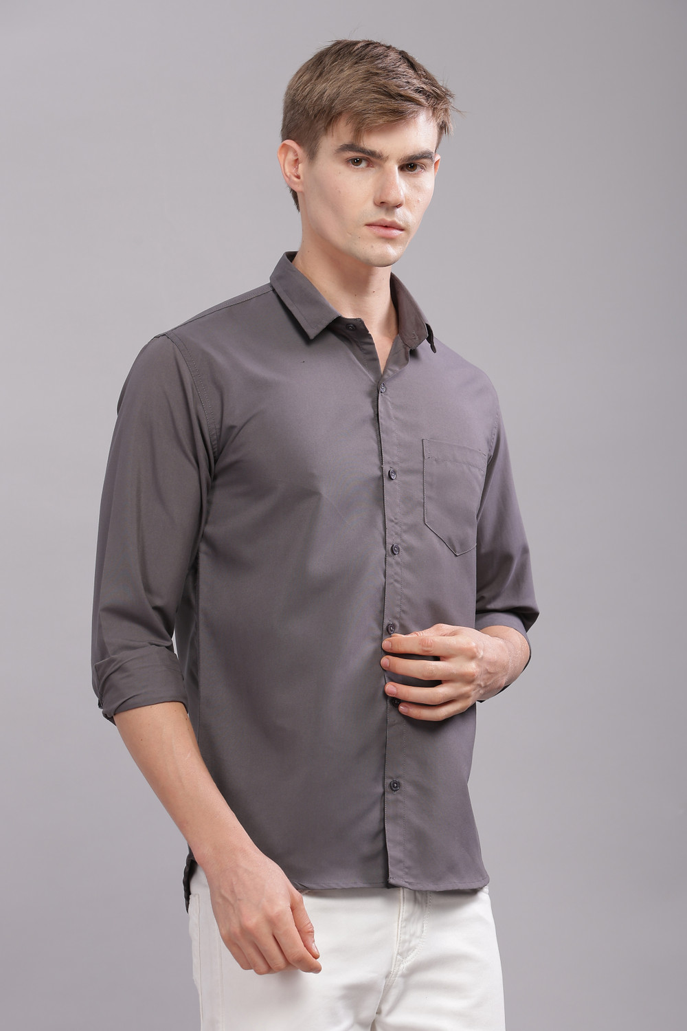 Image of Uzmax Men Solid Casual Grey Shirt
