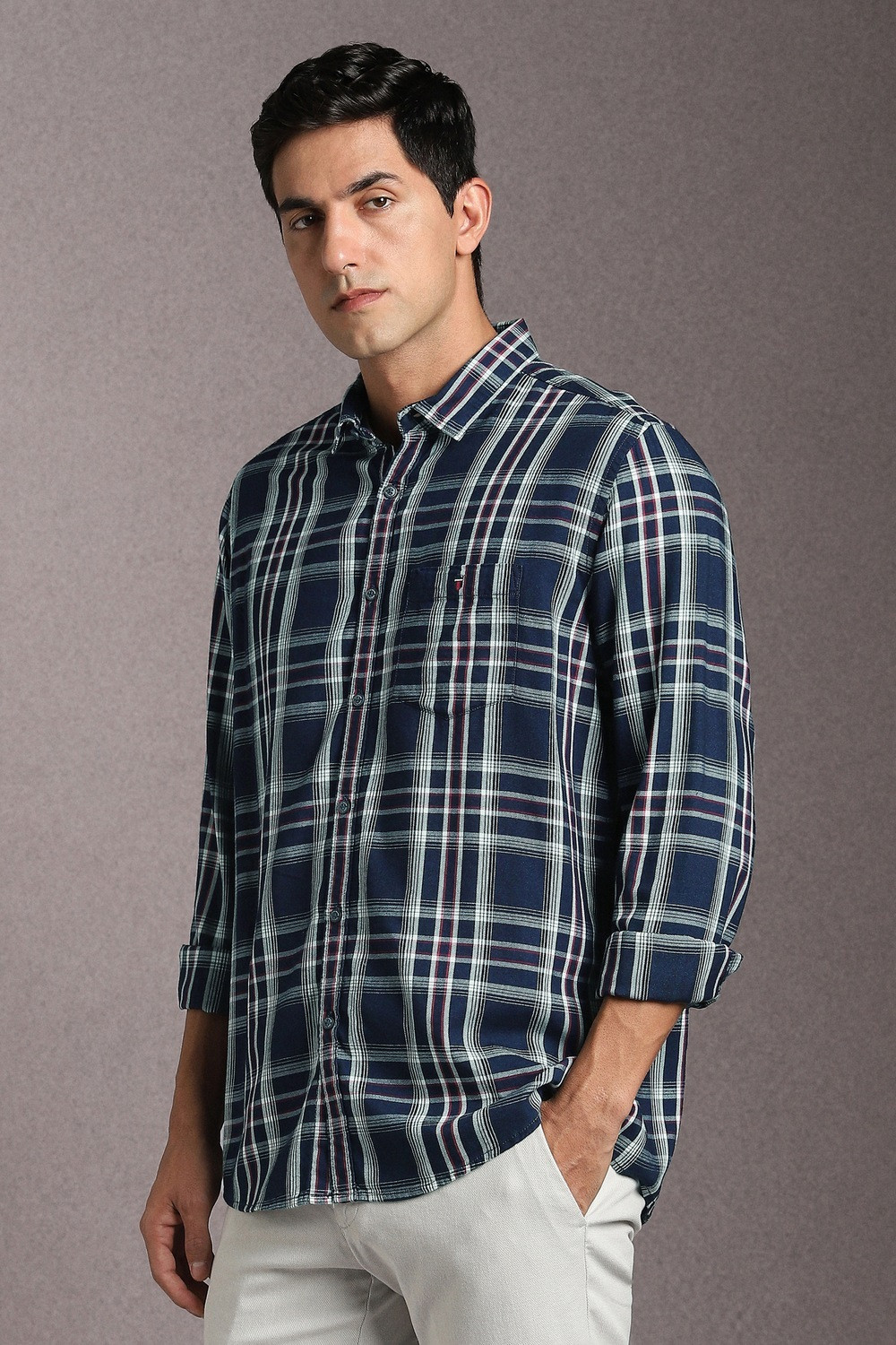 Image of LOUIS PHILIPPE Men Checkered Casual Dark Blue Shirt