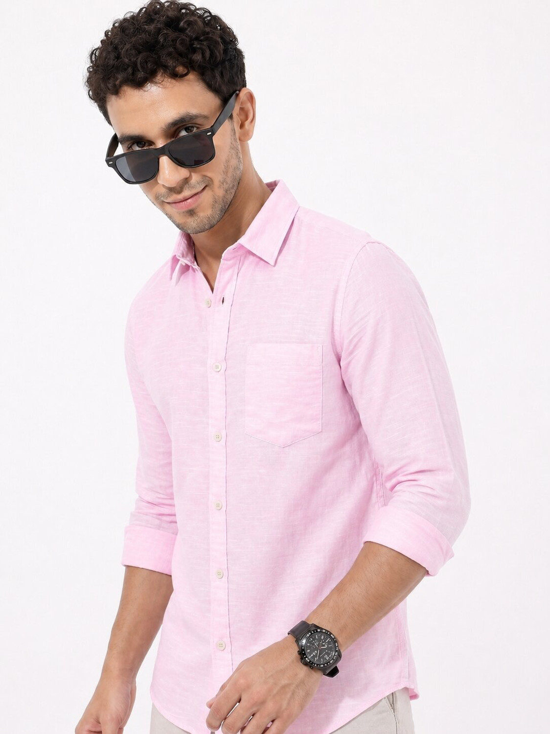 Image of MOHICANS Men Solid Casual Pink Shirt