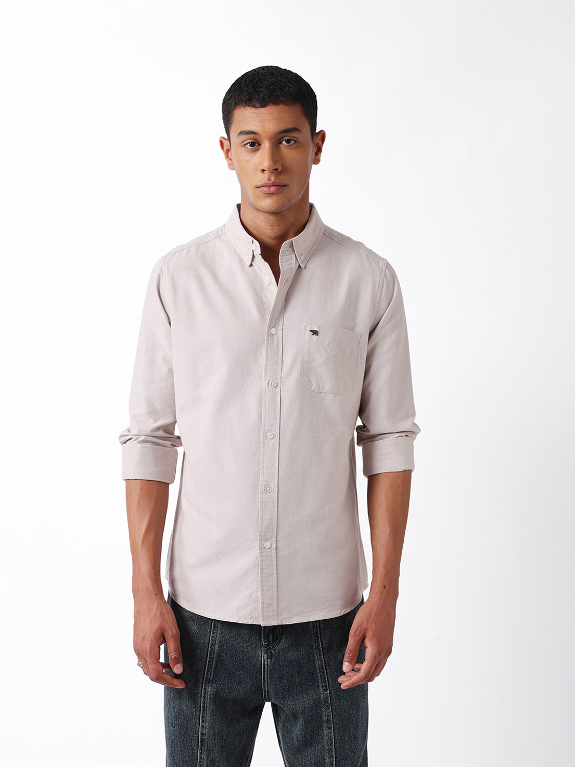 Image of THE BEAR HOUSE Men Solid Casual Beige Shirt