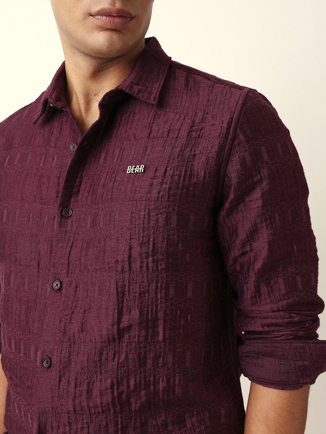 Image of THE BEAR HOUSE Men Self Design Casual Maroon Shirt