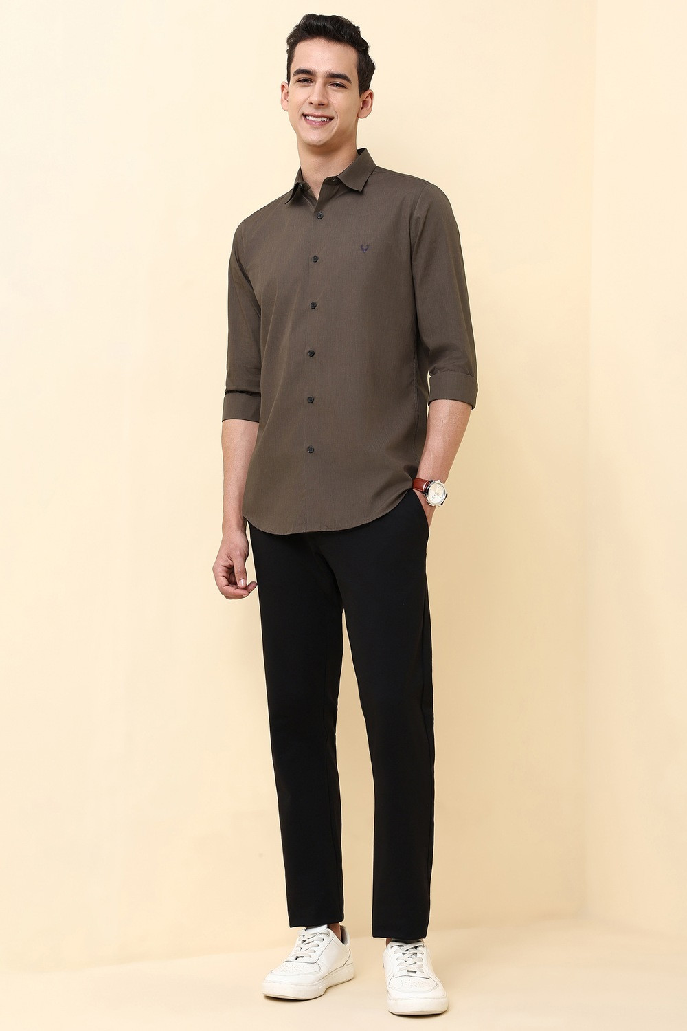 Image of Allen Solly Men Solid Casual Brown Shirt