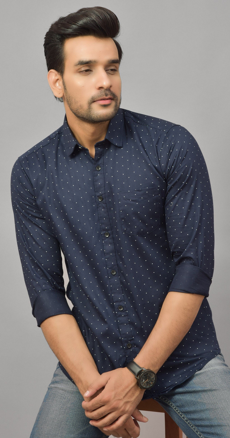 Image of Hems trends Men Printed Casual Dark Blue Shirt