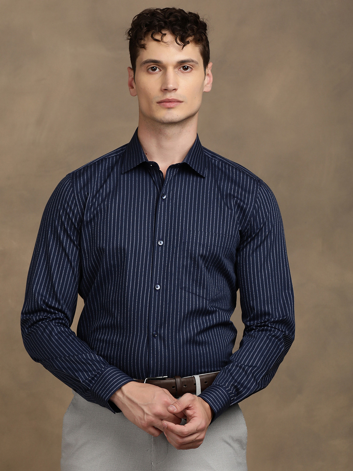 Image of TURTLE Men Striped Formal Blue Shirt