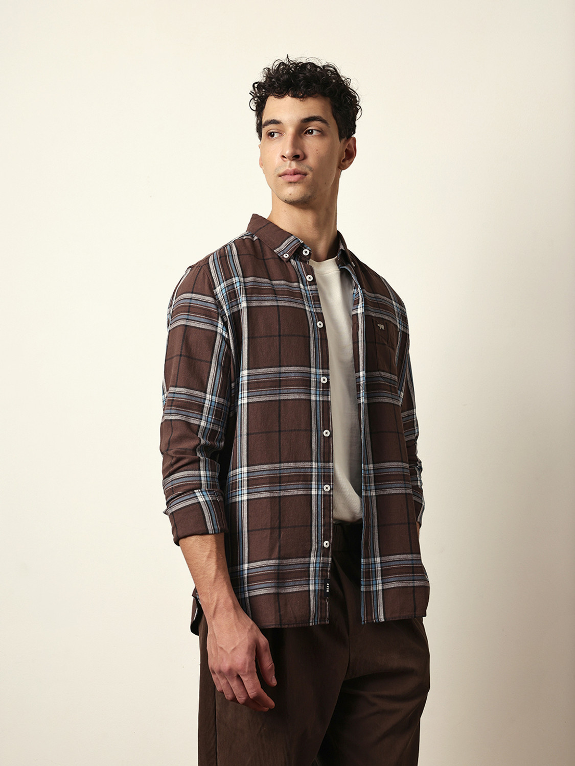 Image of THE BEAR HOUSE Men Checkered Casual Brown Shirt