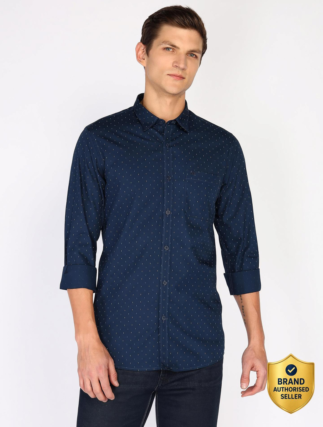 Image of PETER ENGLAND Men Printed Casual Dark Blue Shirt