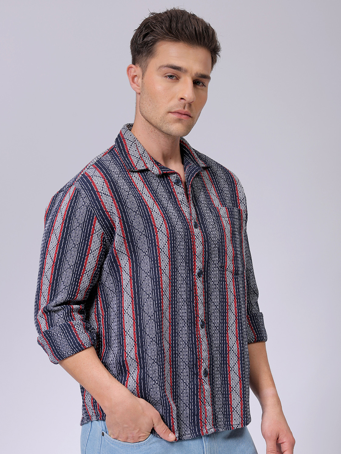 Image of The Indian Garage Co. Men Striped Beach Wear Dark Blue Shirt