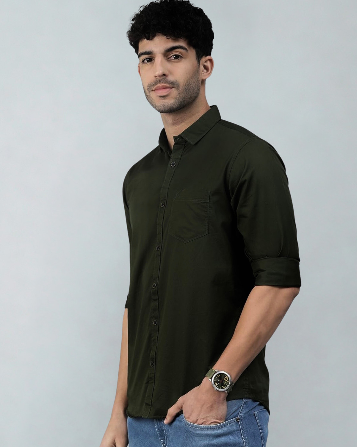 Image of nightscape Men Solid Casual Dark Green Shirt