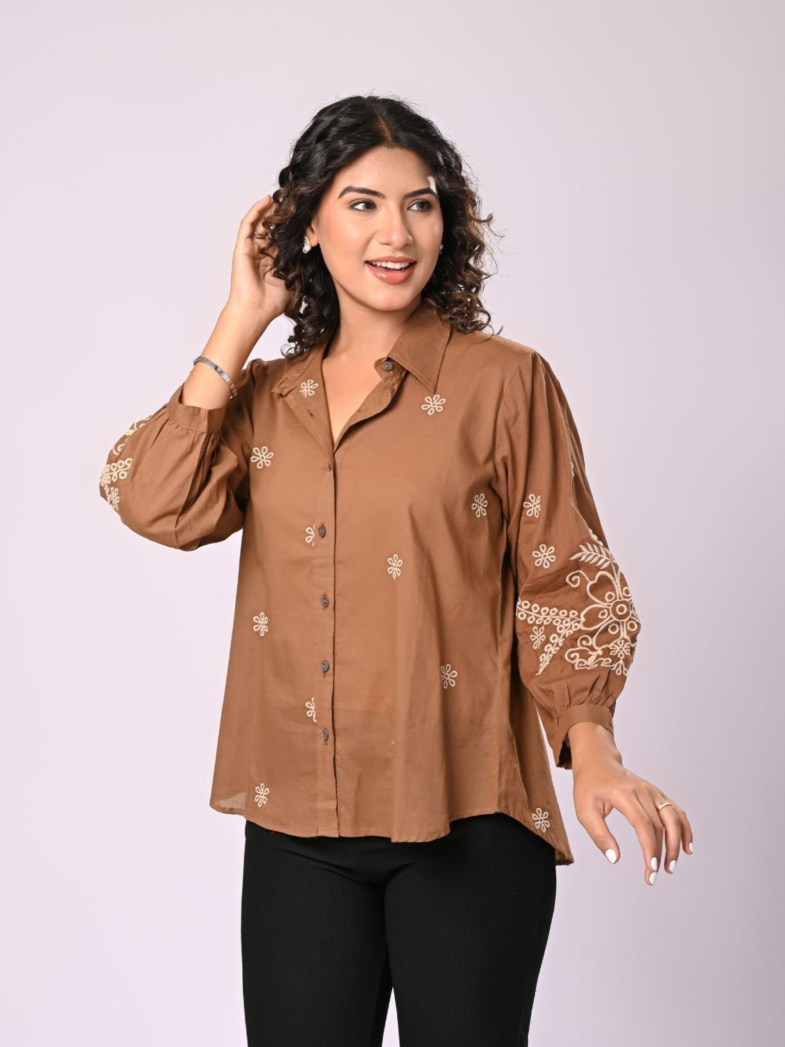 Image of Zolo Label Women Embroidered Casual Brown Shirt
