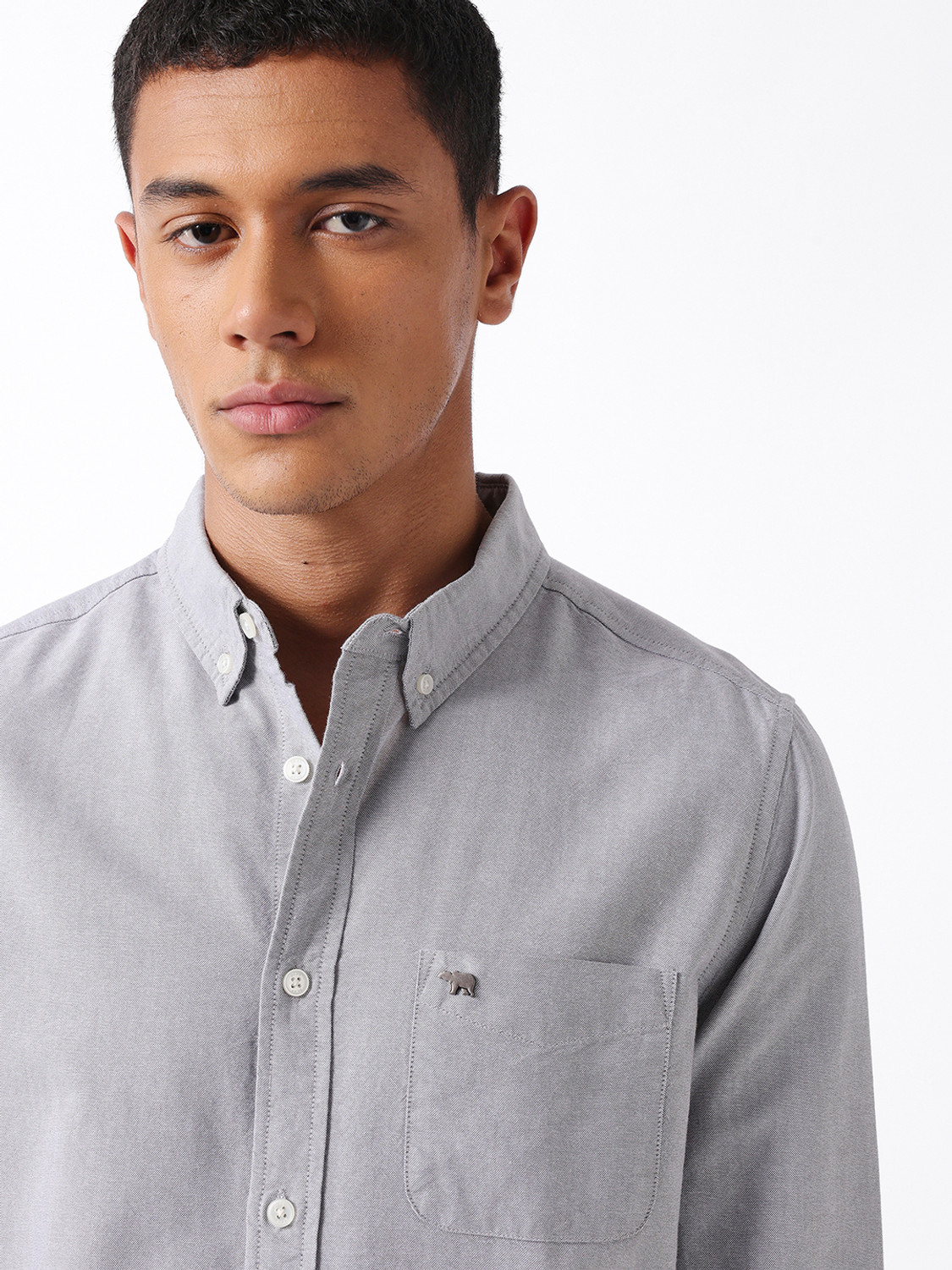 Image of THE BEAR HOUSE Men Solid Casual Grey Shirt