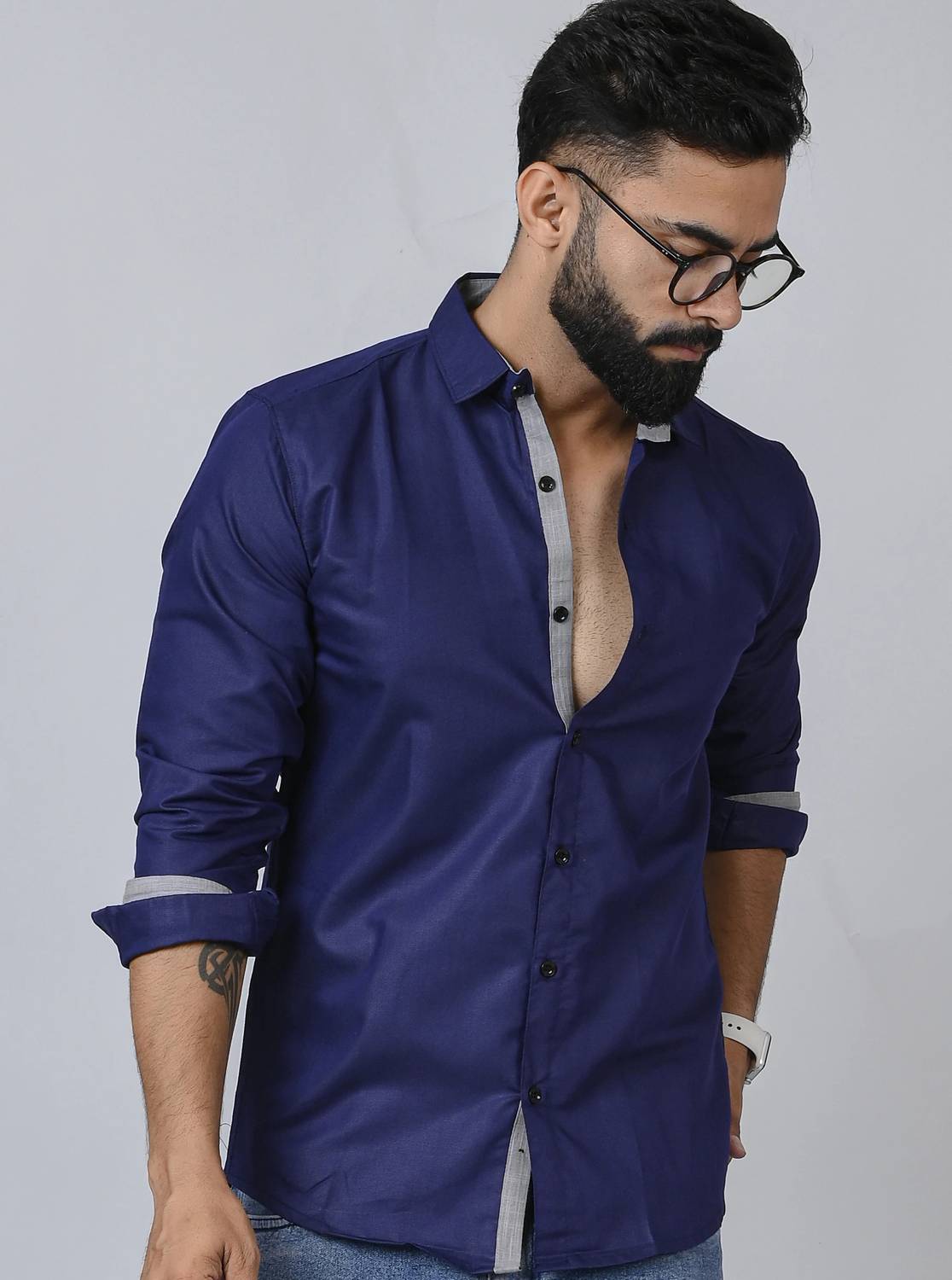 ANP BIHARIKA Men Solid Casual Dark Blue Shirt