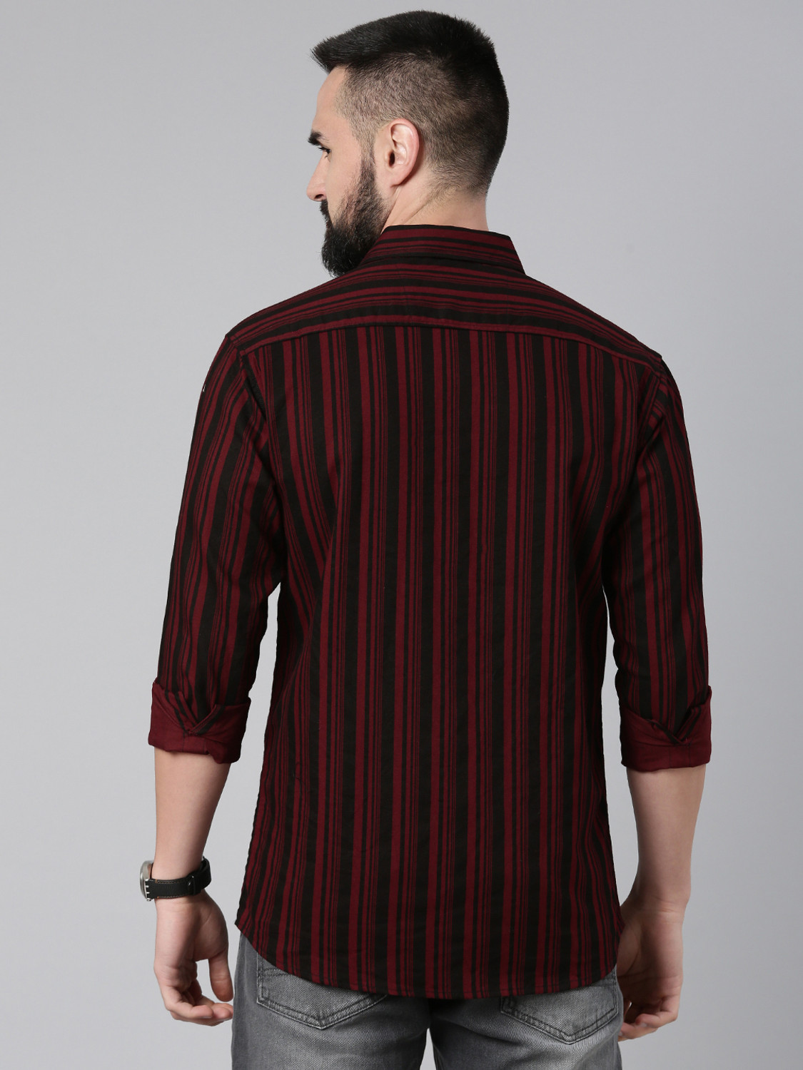 Image of Majestic Man Men Striped Casual Maroon Shirt