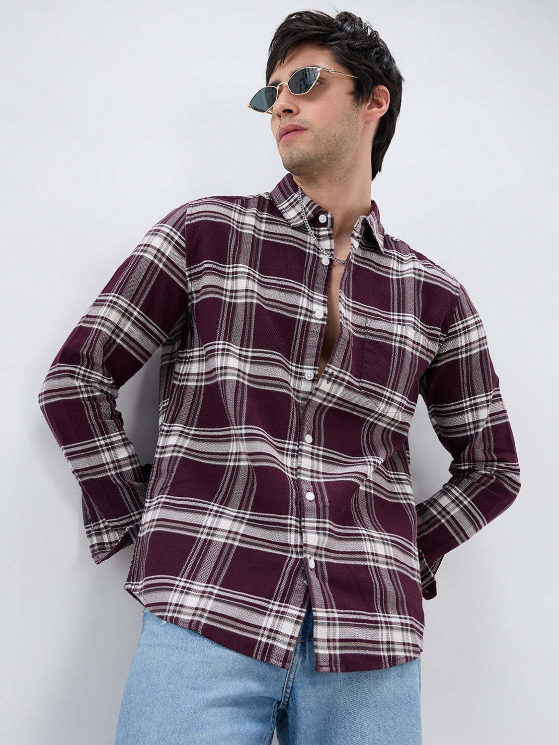Image of VASTRADO Men Regular Fit Checkered Cut Away Collar Casual Shirt