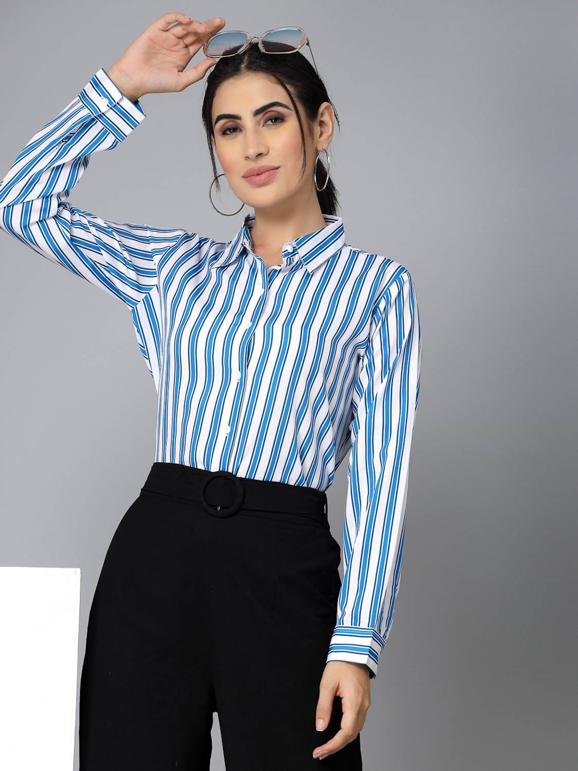 Style Quotient Women White And Blue Striped Regular Formal Shirt