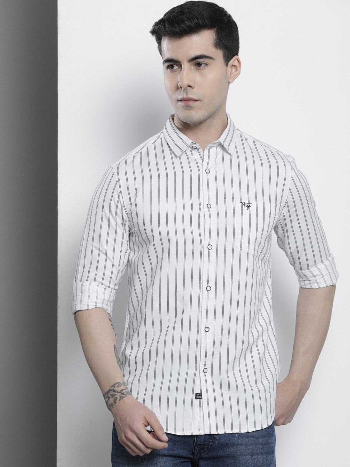 The Indian Garage Co. Men Striped Casual White Shirt
