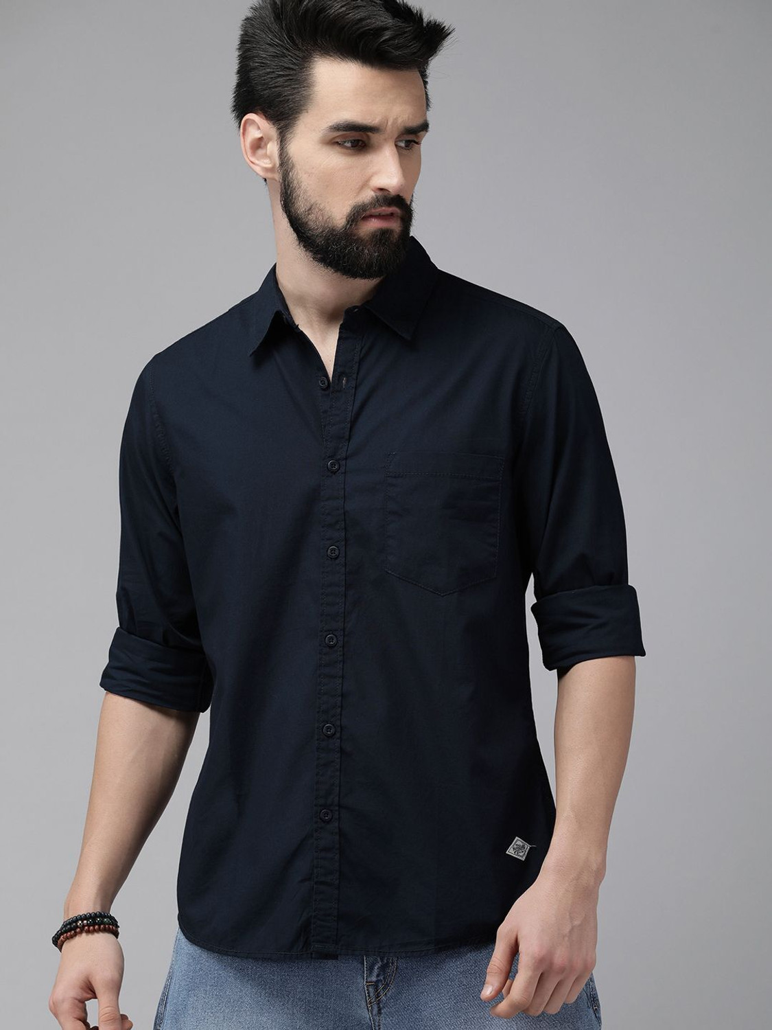 Image of Roadster Men Solid Casual Dark Blue Shirt