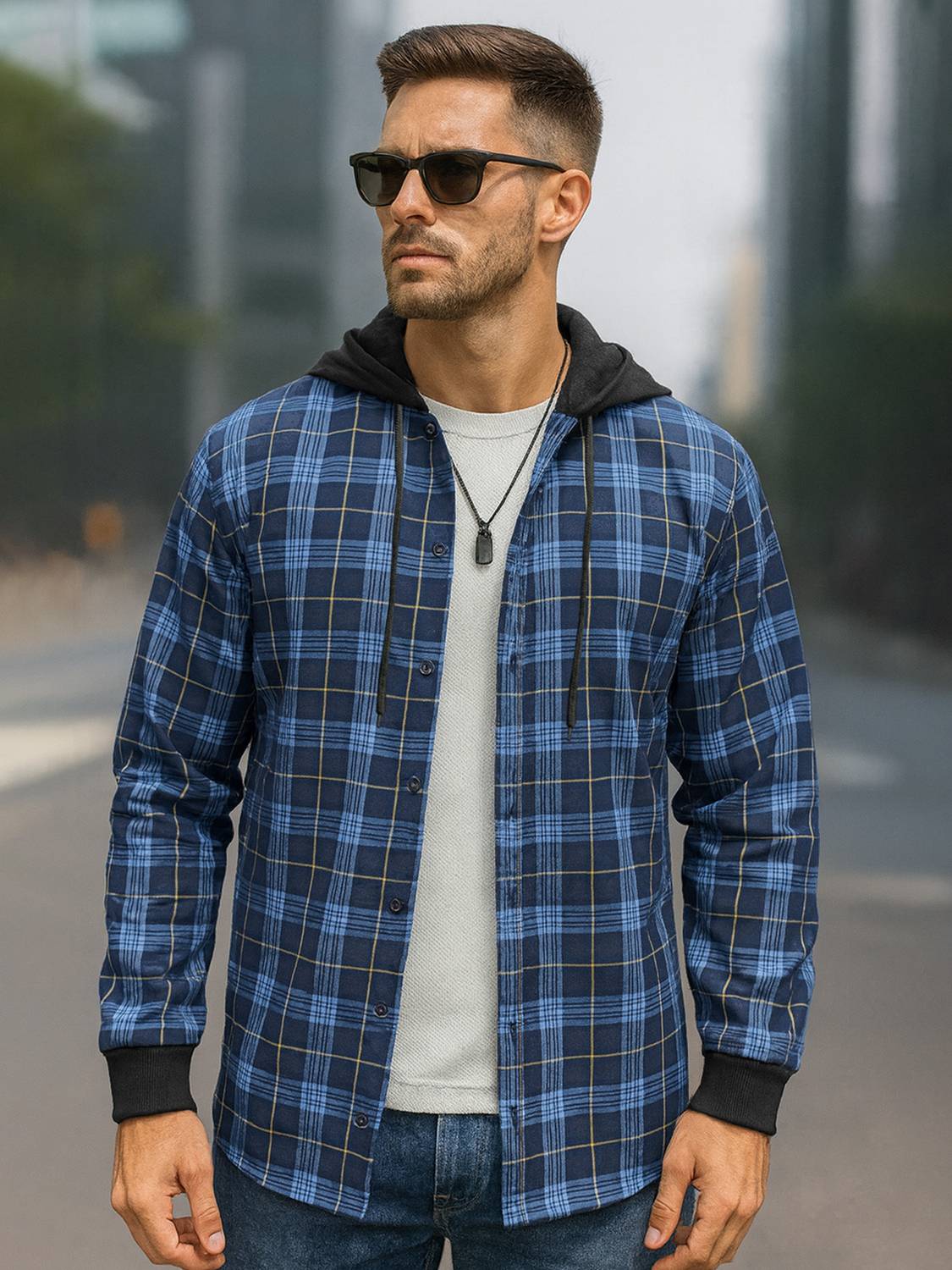 EyeBogler Men Regular Fit Checkered Hood Collar Casual Shirt