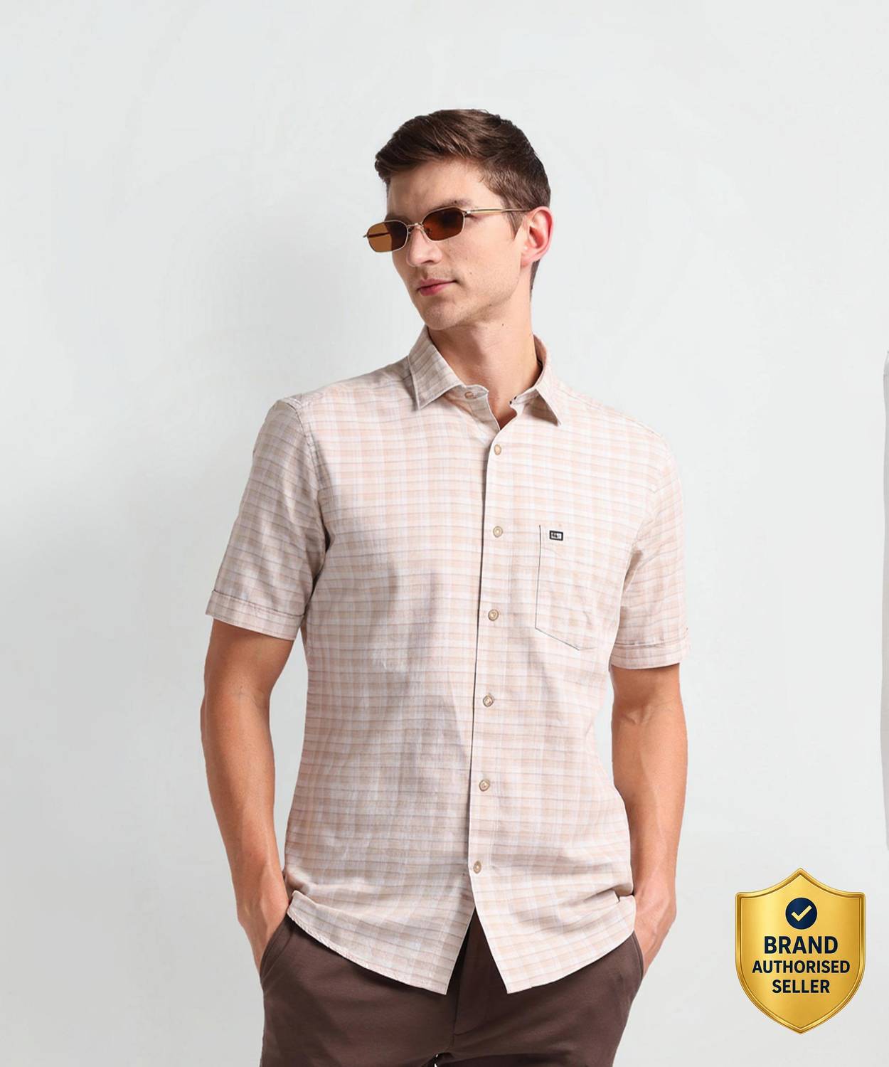 Arrow Sport Men Checkered Casual Beige, White Shirt