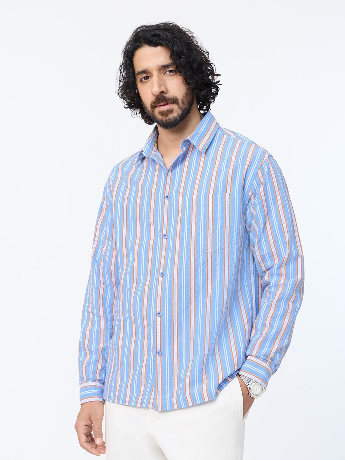 Image of The Souled Store Men Striped Casual Light Blue Shirt