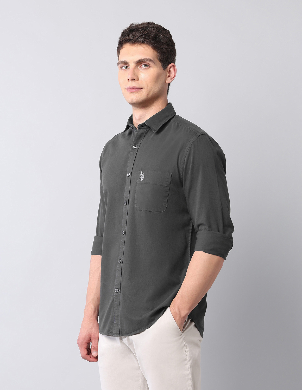 Image of U.S. Polo Assn. Denim Co. Men Solid Casual Grey Shirt