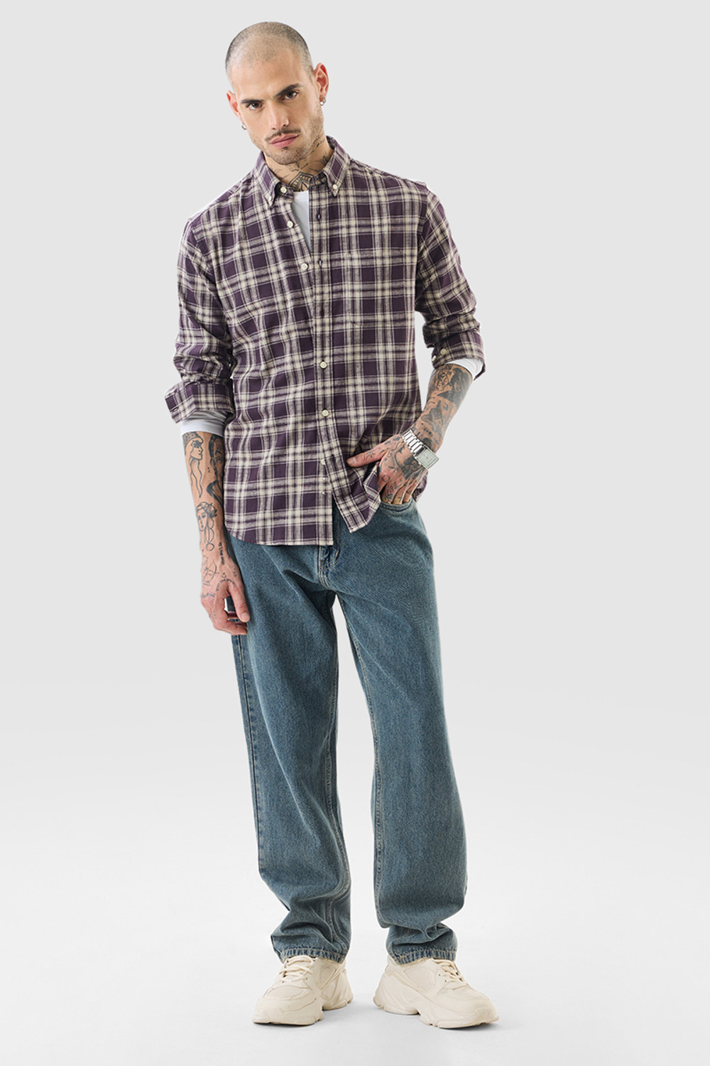 Image of Snitch Men Checkered Casual Purple Shirt