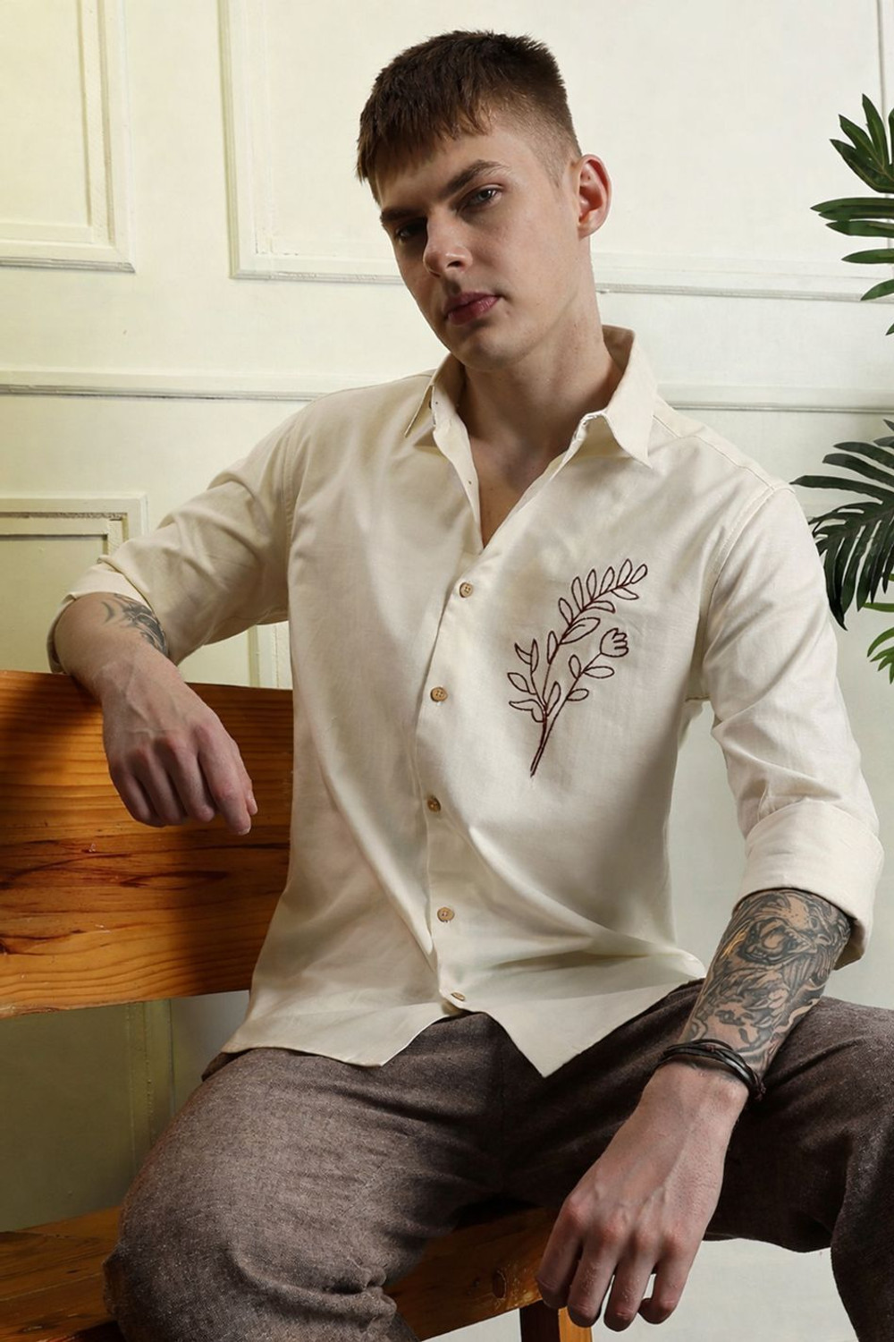 Image of COMBRAIDED Men Slim Fit Embroidered Spread Collar Formal Shirt