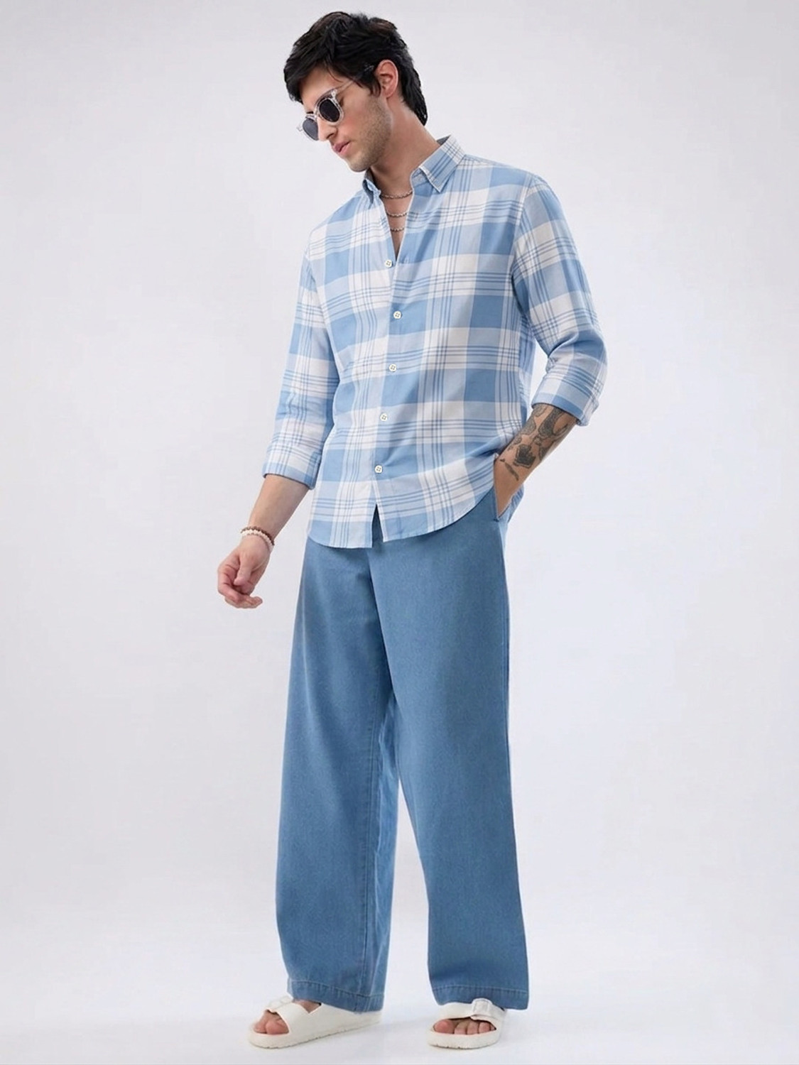 Image of S-LINE Men Checkered Casual Light Blue Shirt