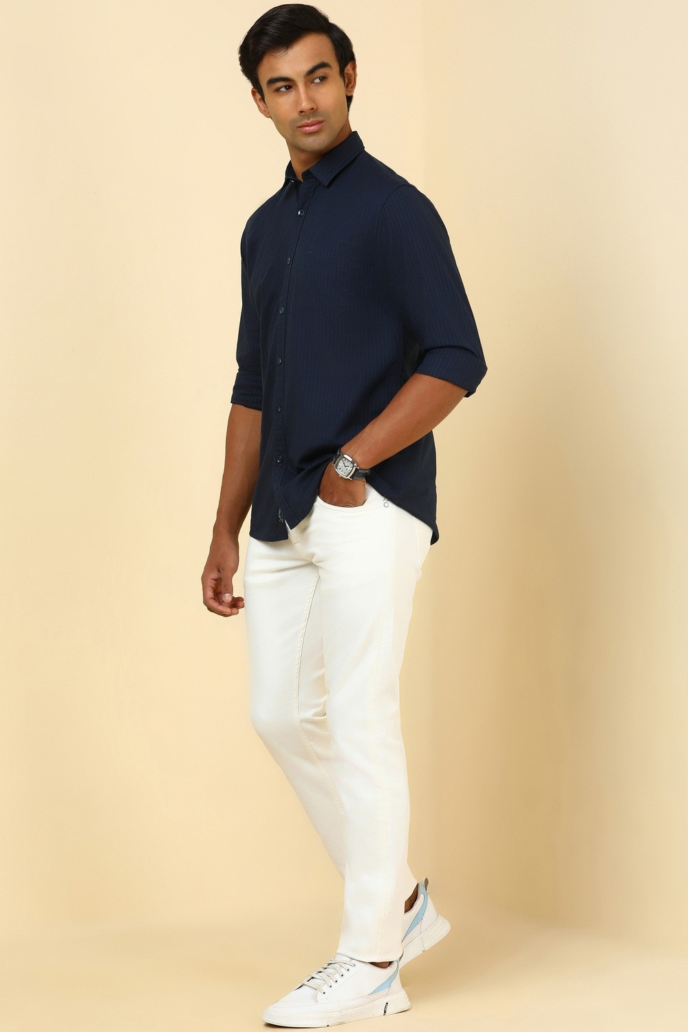 Image of Allen Solly Men Solid Casual Dark Blue Shirt
