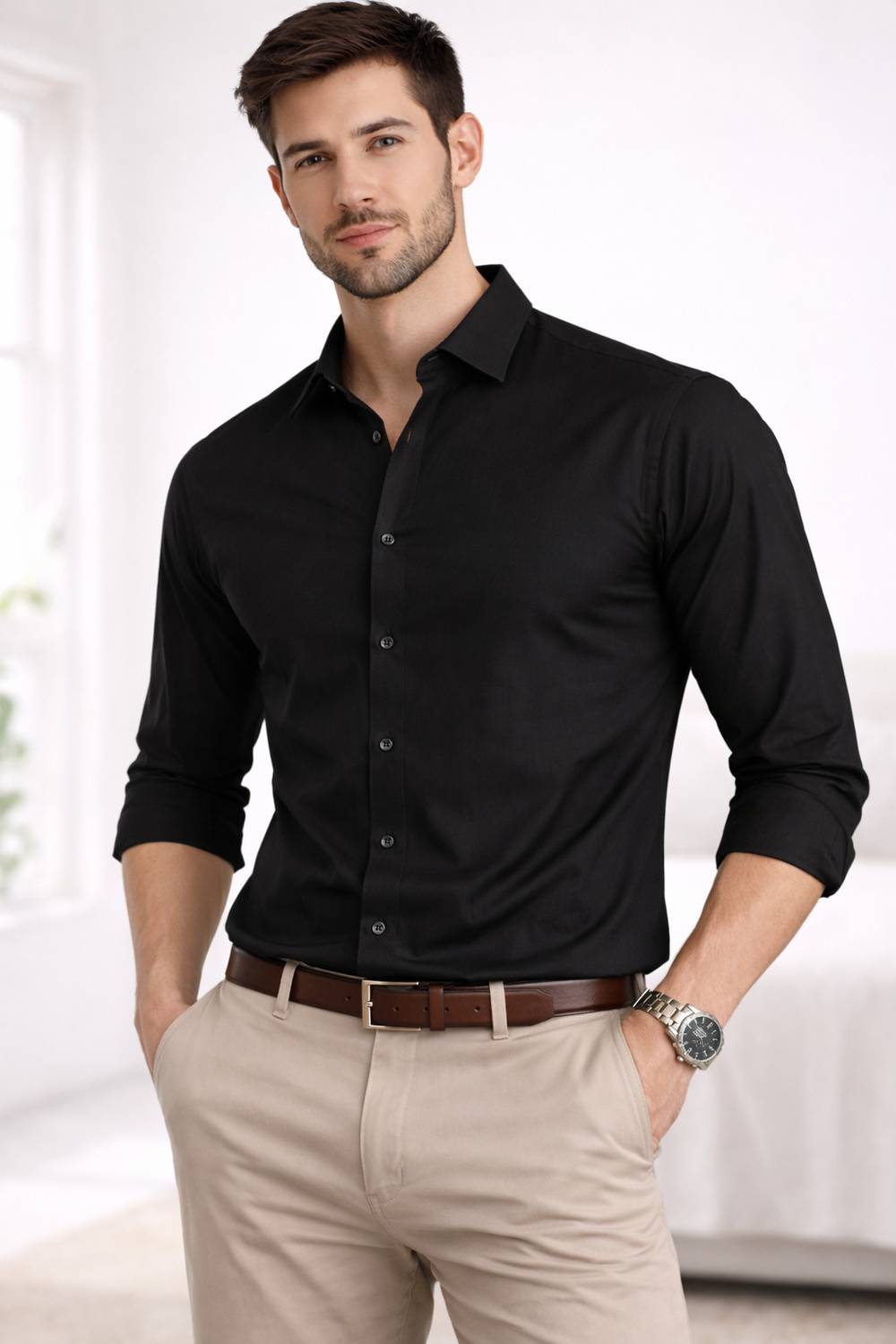 PRIVASTRAM Men Solid Casual Black Shirt