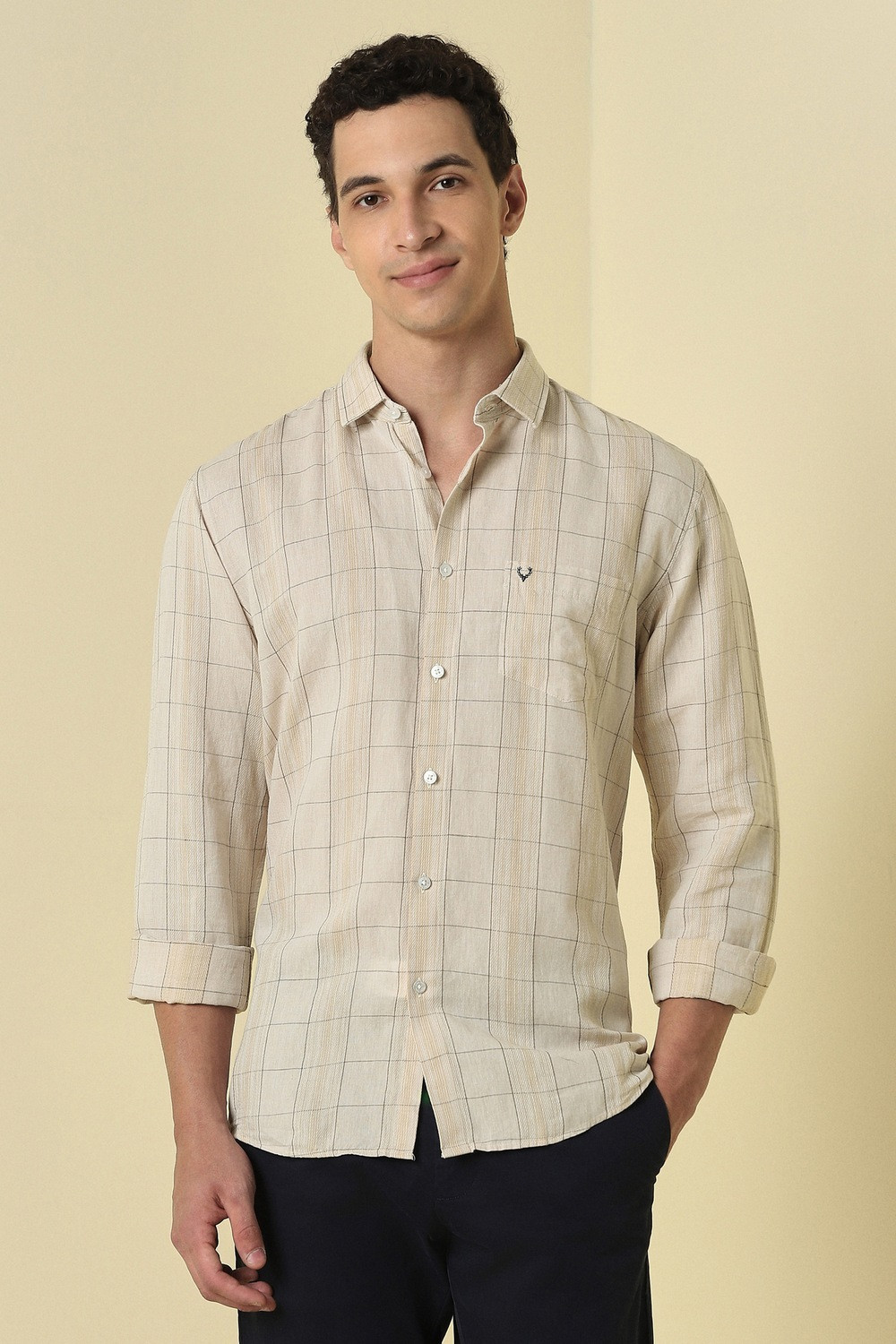 Image of Allen Solly Men Checkered Casual Beige Shirt