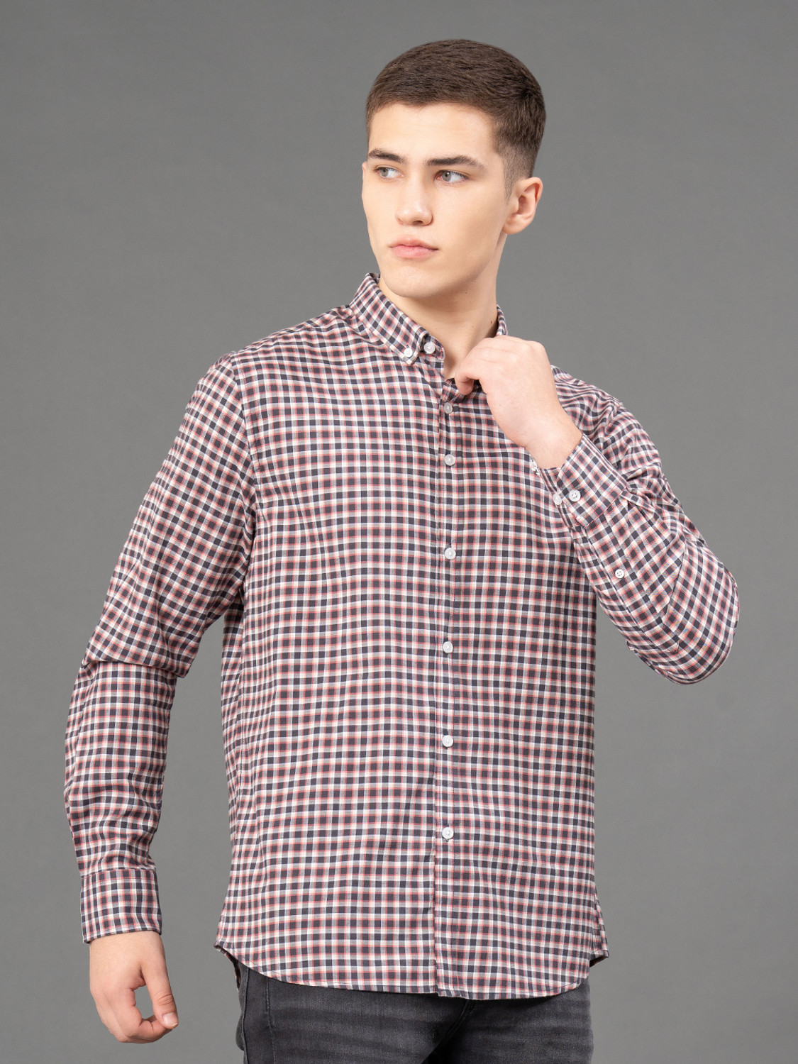 Image of RED TAPE Men Checkered Casual Grey, Brown Shirt
